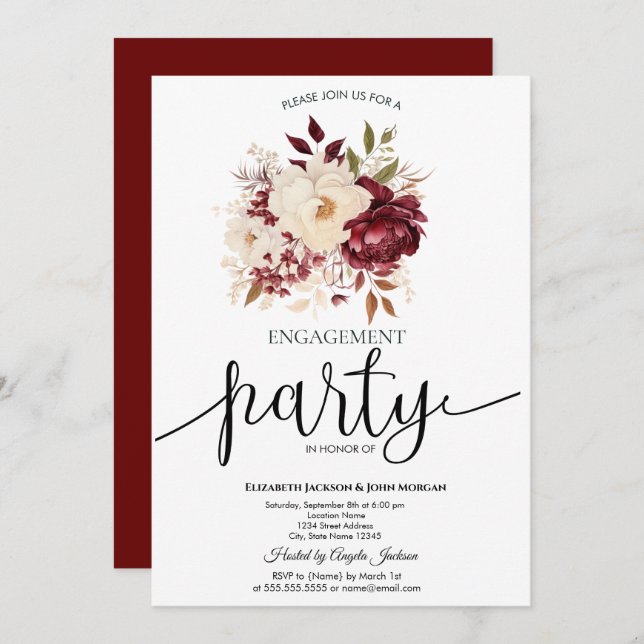 Elegant Burgundy White Flowers Engagement   Invitation (Front/Back)