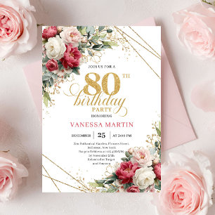 Elegant Burgundy White Gold 80th Birthday Invite