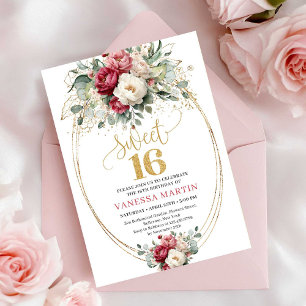 Elegant Burgundy White Gold Floral Sweet Sixteen  Invitation