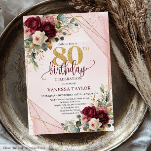 Elegant Burgundy White Gold Roses 80th Birthday   Invitation