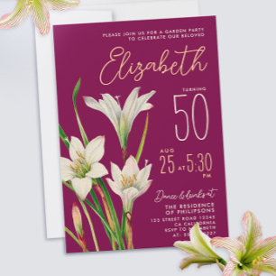Elegant Burgundy White Lily Flowers Illustration Invitation