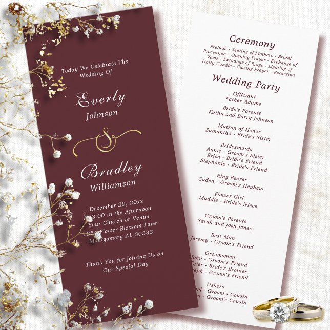 Elegant Burgundy White Script Fall Winter Wedding  Programme (Creator Uploaded)