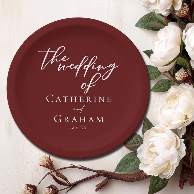 Elegant Burgundy White Script Personalised Wedding Paper Plate (Creator Uploaded)