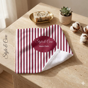 Elegant Burgundy White Stripe Pattern Custom Text Wash Cloth
