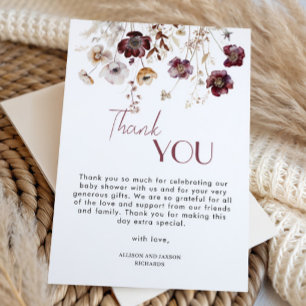 Elegant Burgundy Wildflowers Baby Shower Thank You Card