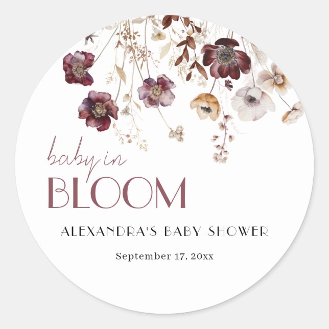 Elegant Burgundy Wildflowers Girl Baby Shower Classic Round Sticker (Front)