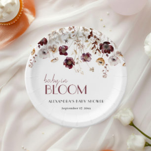 Elegant Burgundy Wildflowers Girl Baby Shower Paper Plate