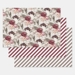Elegant Burgundy Wine Cream Floral Greenery Stripe Wrapping Paper Sheet