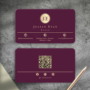 Elegant Burgundy Wine Gold Shiny Circle Monogram Business Card