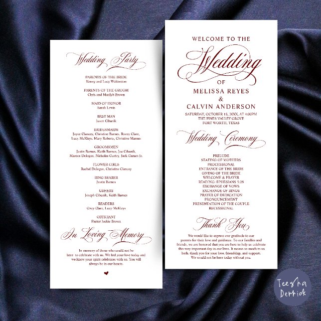 Elegant Burgundy Wine Red Script Wedding Ceremony Programme (Elegant Classic Burgundy Wine Red Script Wedding Ceremony Program Card)