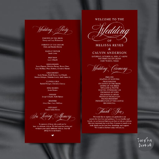 Elegant Burgundy Wine Red Script Wedding Ceremony Programme (Elegant Classic Burgundy Wine Red Script Wedding Ceremony Program Card)