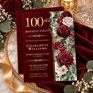 Elegant Burgundy Wine Rose Floral 100th Birthday