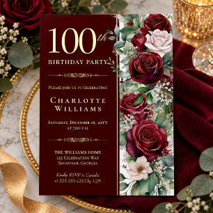 Elegant Burgundy Wine Rose Floral 100th Birthday