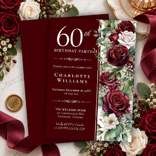 Elegant Burgundy Wine Rose Floral 60th Birthday Invitation