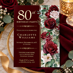 Elegant Burgundy Wine Rose Floral 80th Birthday