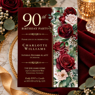 Elegant Burgundy Wine Rose Floral 90th Birthday