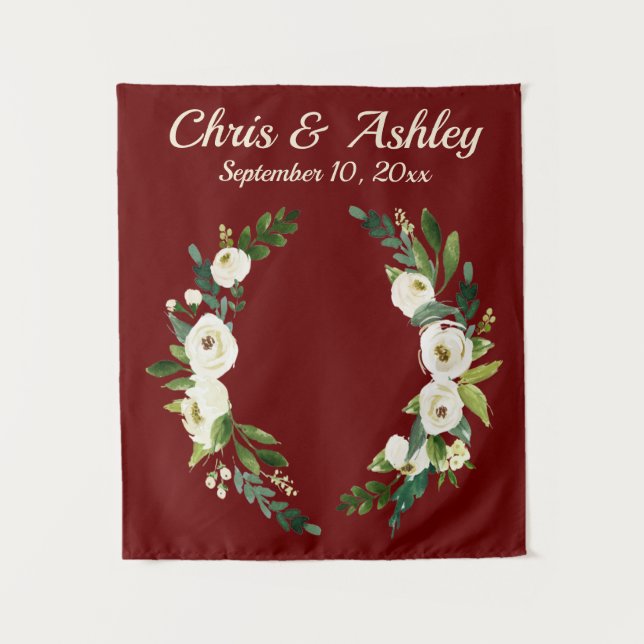 Elegant Burgundy Winter Greenery Wedding Backdrop Tapestry (Front)