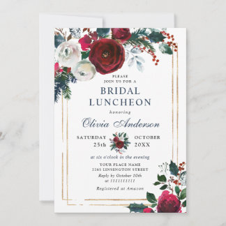 Elegant Burgundy Winter Roses BRIDAL  LUNCHEON Invitation