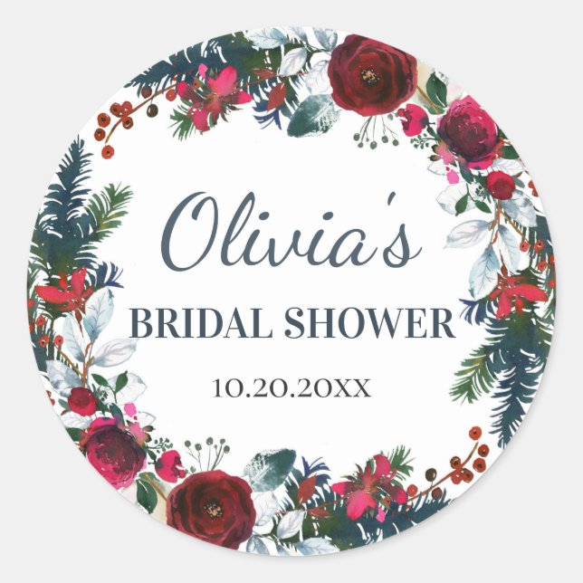 Elegant Burgundy Winter Roses Floral BRIDAL SHOWER Classic Round Sticker (Front)