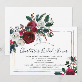 Elegant Burgundy Winter Roses Floral BRIDAL SHOWER Invitation