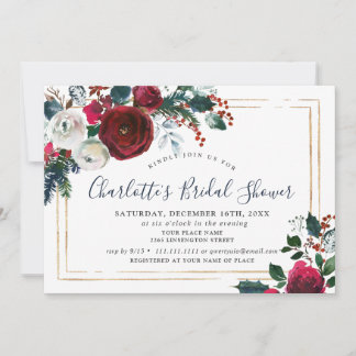 Elegant Burgundy Winter Roses Floral BRIDAL SHOWER Invitation