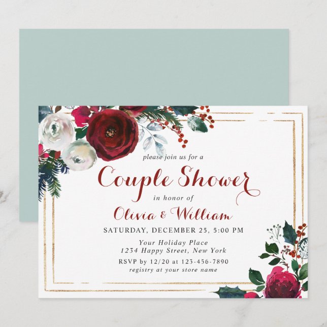 Elegant Burgundy Winter Roses Floral Couple Shower Invitation (Front/Back)
