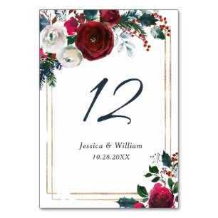 Elegant Burgundy Winter Roses Floral Wedding Table Number
