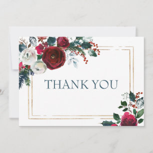 Elegant Burgundy Winter Roses Greenery Thank You Card