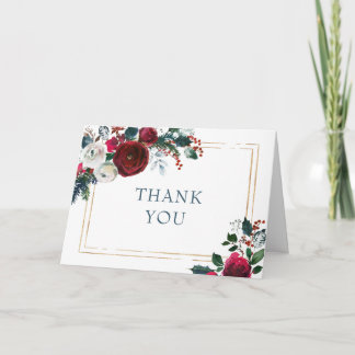 Elegant Burgundy Winter Roses Greenery Thank You Card