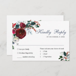 Elegant Burgundy Winter Roses Greenery Wedding RSVP Card