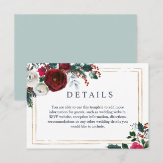 Elegant Burgundy Winter Roses Wedding Details Enclosure Card