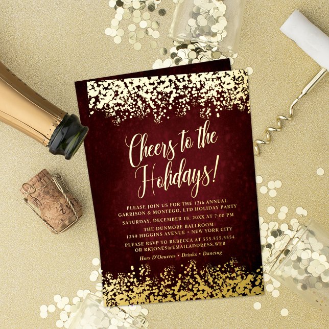 Elegant Burgundy with Gold Confetti Holiday (Holiday Party Invitation with real foil on gold background with confetti, champagne bottle and more.)