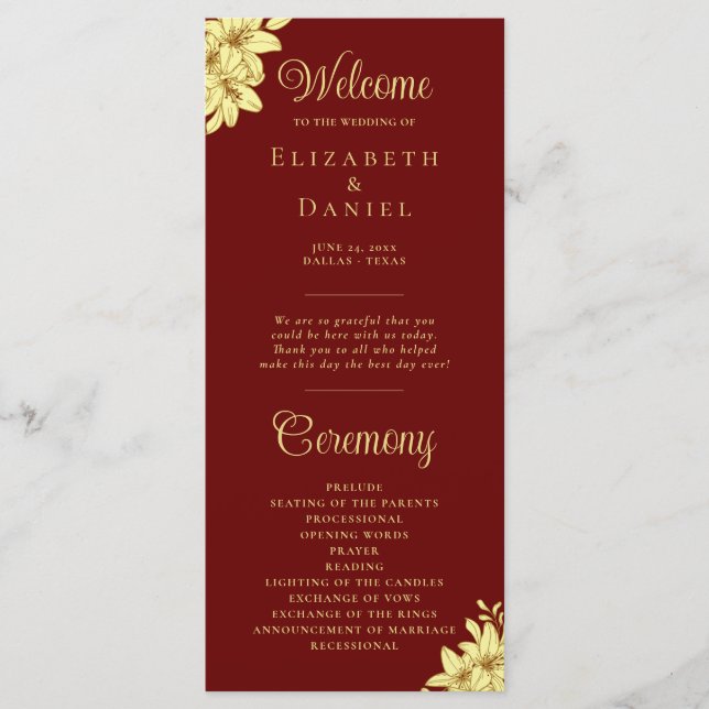 Elegant Burgundy with Gold Typography Wedding Programme (Front)