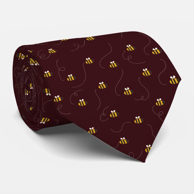 Elegant Burgundy Yellow Bee Seamless Pattern Tie (Rolled)