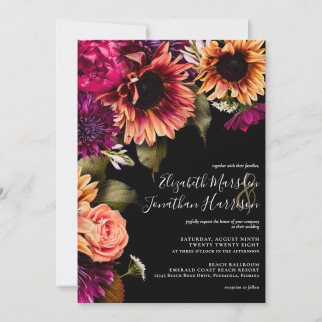 Elegant Burgundy Yellow Sunflower Floral Boho Dark Invitation (Front)