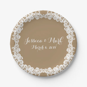 Elegant burlap brown/tan & white lace design paper plate