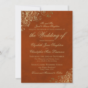 Elegant Burnt or Rust Orange & Gold Formal Wedding Invitation