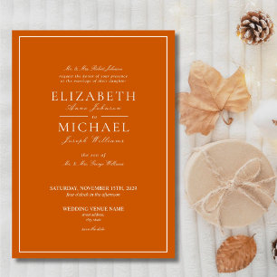 Elegant Burnt orang & White Classic Script wedding Invitation