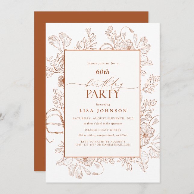 Elegant Burnt Orange 60th Birthday Floral Line Art Invitation (Front/Back)