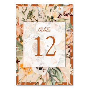 Elegant Burnt Orange Autumn Floral Wedding Table Number