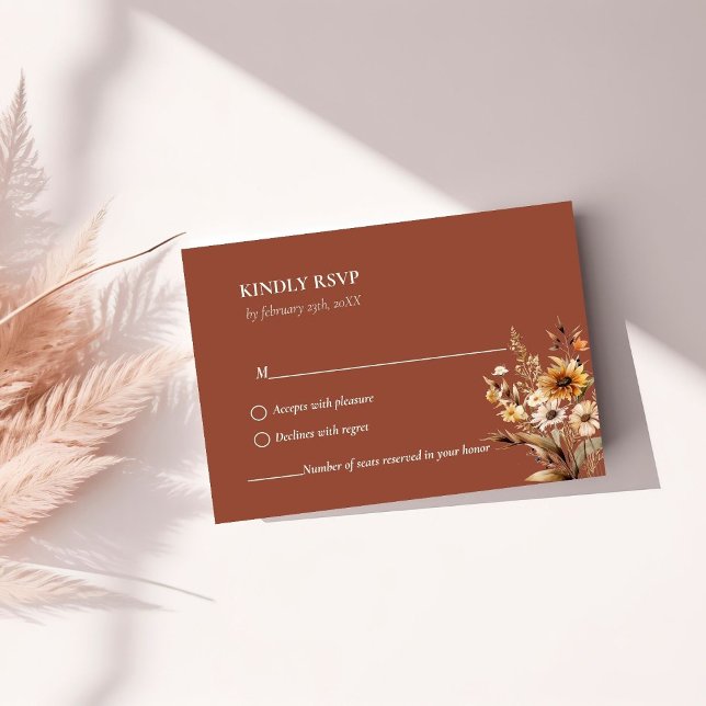 Elegant Burnt Orange  Botanical Wildflower wedding RSVP Card (Creator Uploaded)