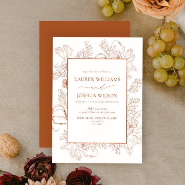 Elegant Burnt Orange Floral Line Art Wedding Invit Invitation (Creator Uploaded)
