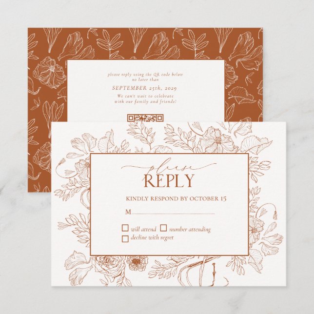 Elegant Burnt Orange Floral Line Art Wedding RSVP  Card (Front/Back)