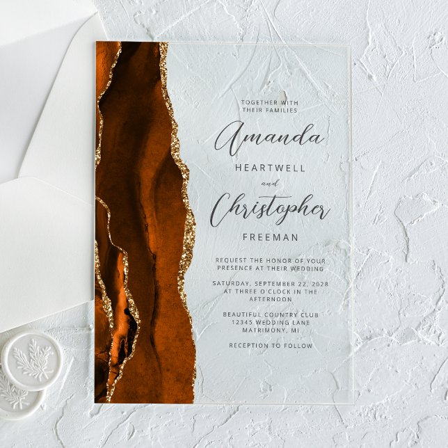Elegant Burnt Orange Gold Agate Script Wedding Acrylic Invitations (Creator Uploaded)