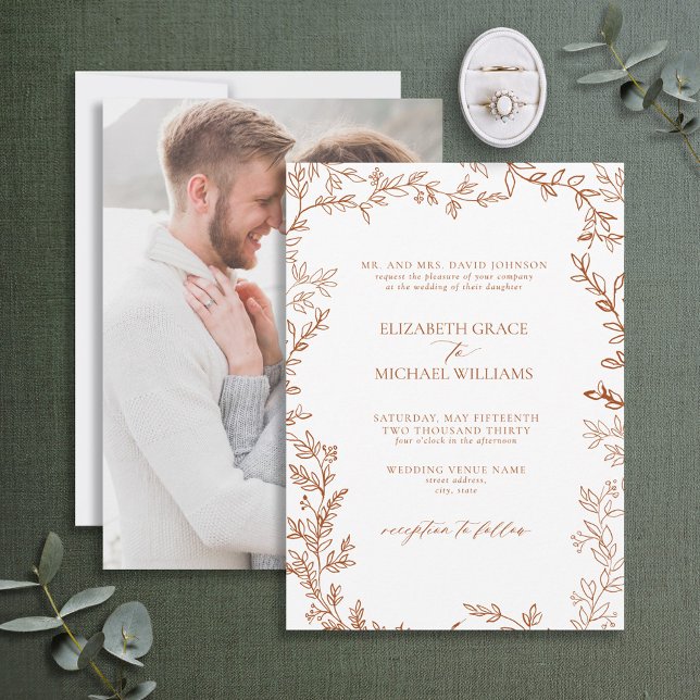 Elegant Burnt Orange Leaf Photo Monogram Wedding Invitation (Creator Uploaded)