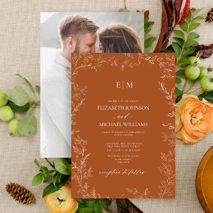 Elegant Burnt Orange Leaf Photo Monogram Wedding Invitation