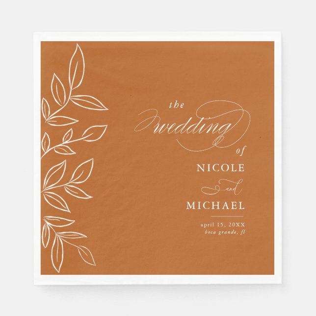 Elegant Burnt Orange Minimalist Leaves Wedding Napkin (Front)