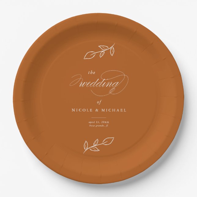 Elegant Burnt Orange Minimalist Leaves Wedding Paper Plate (Front)