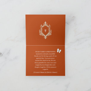 Elegant Burnt Orange Monogram Crest Wedding Thank You Card