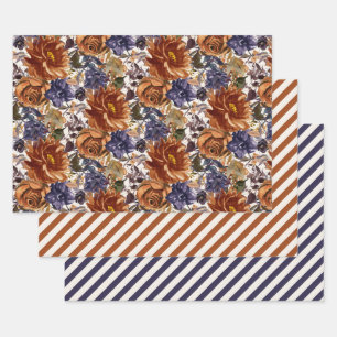 Elegant Burnt Orange Navy Blue Fall Autumn Floral  Wrapping Paper Sheet